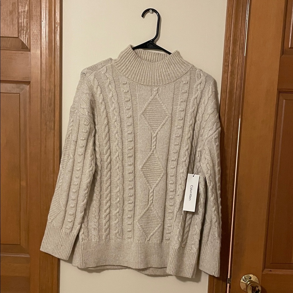 Calvin Klein Women's Beige Cable Knit Turtleneck Sweater